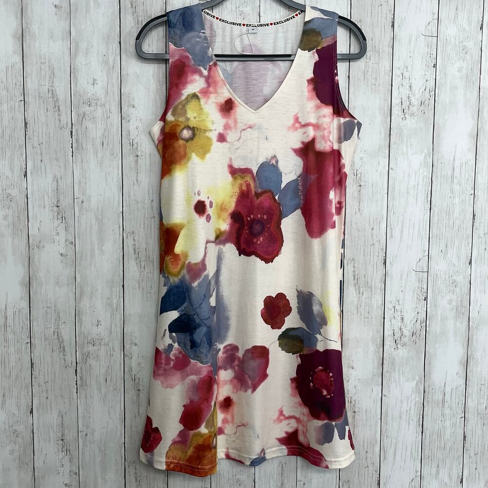 Exclusive Heart Floral V-Neck Mini Dress Red & White Summer Sun Dress Medium